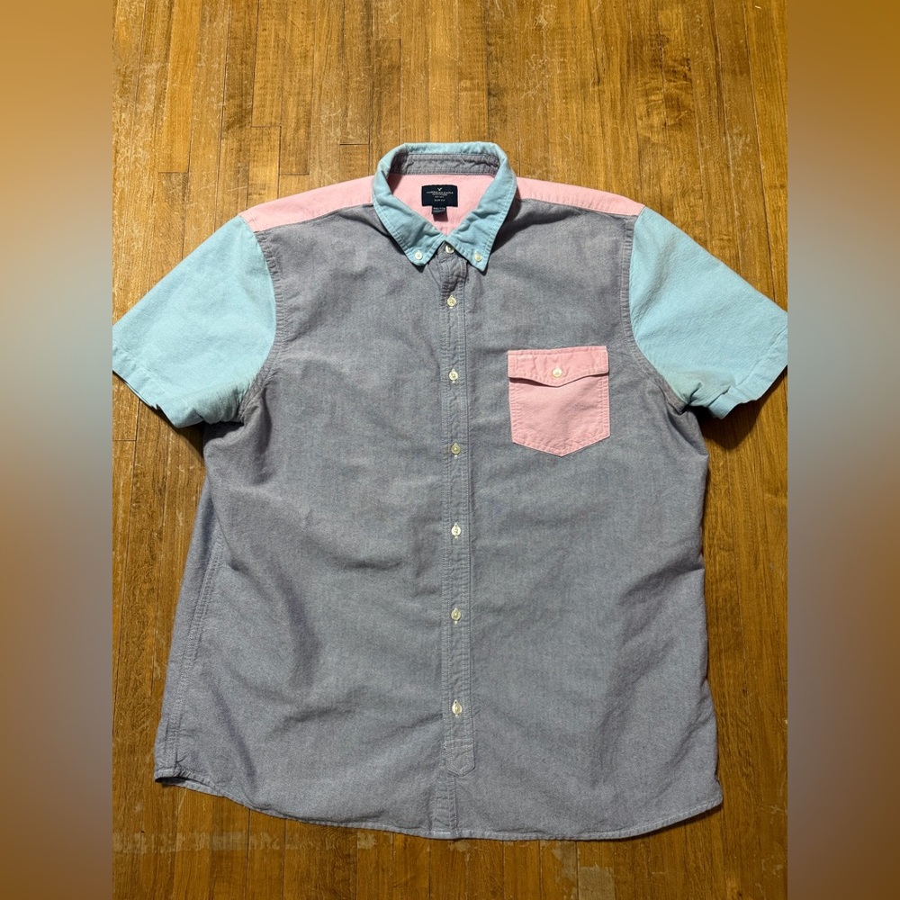 American Eagle Outfitters Mens Slim Fit Multicolor Oxford Size XXL Short Sleeve